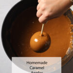 Someone’s dunking an apple on a stick into gooey caramel. Text says Homemade Caramel Apples Mrs Madi.