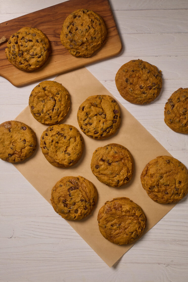 pumpkin chocolate chip cookies on display 