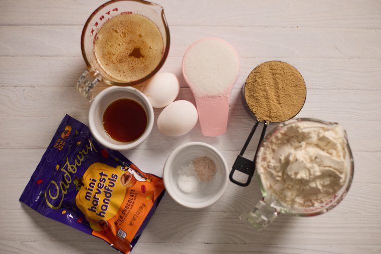 Browned butter, sugars, flour, eggs, vanilla, and Cadbury Mini Eggs for cookies.