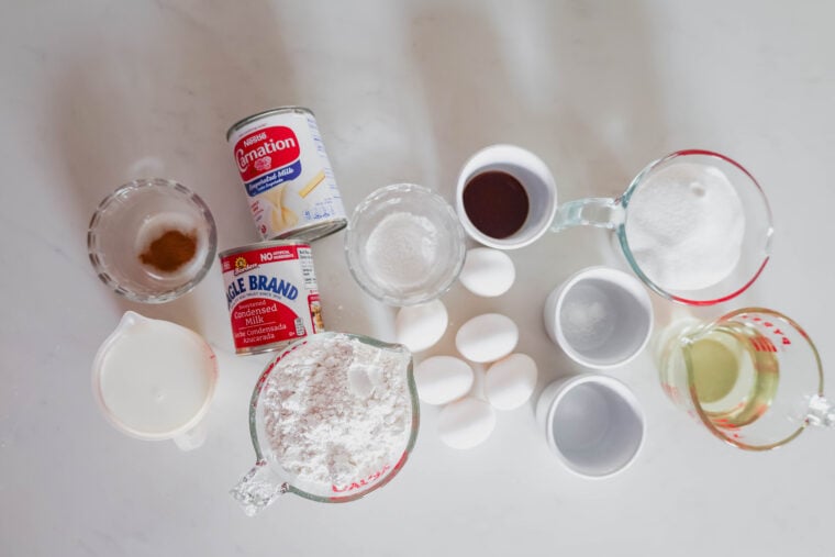 All the basics for tres leches—eggs, flour, sugar, oil, vanilla, baking powder, cinnamon, plus condensed and evaporated milk—are spread out in bowls and measuring cups on a white surface.
