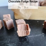 A close-up shot of tasty See’s fudge bits sitting on a dark table. In the back, theres a wooden box filled with even more fudge goodness. Up top, it says See’s Style Milk Chocolate Fudge Recipe.