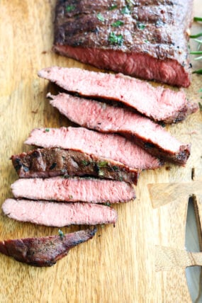 Juicy grilled steak, sliced up on a wooden board—perfectly pink inside with a tasty, seared crust.