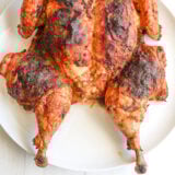 A juicy, golden-brown spatchcock chicken with crispy skin is served up on a white plate against a white background.