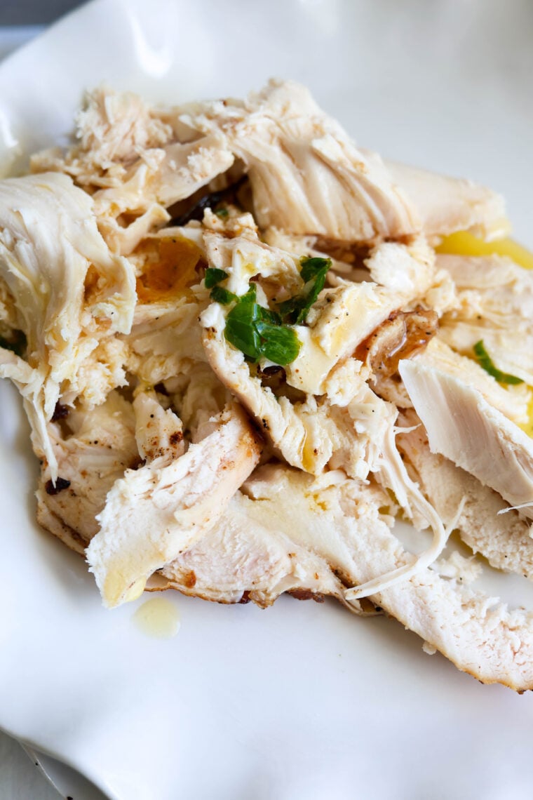 Shredded spatchcock chicken breast with a little fresh parsley on top, served up on a plain white plate.