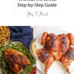 Side-by-side: one whole roasted chicken with rosemary and sides, one crispy spatchcocked bird. “Crispy Skin Without the Stress!”.