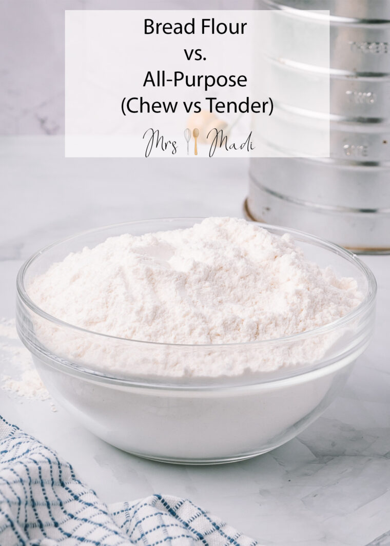 Glass bowl of flour on marble counter, with notes about bread vs all-purpose flour. Sifter and striped towel in the back.