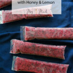Six homemade berry ice pops in plastic sleeves sit on a dark blue cloth, with “Refreshing Berry Ice Pops with Honey & Lemon” above.