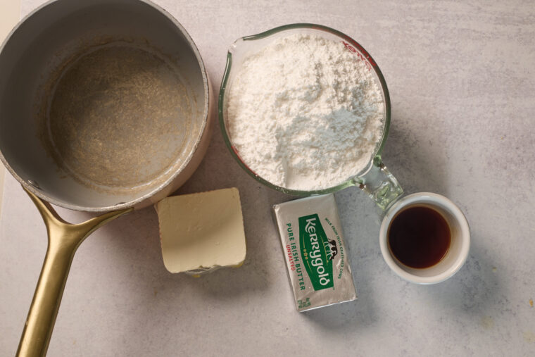 Butter, cream cheese, powdered sugar, and vanilla for browned butter frosting.