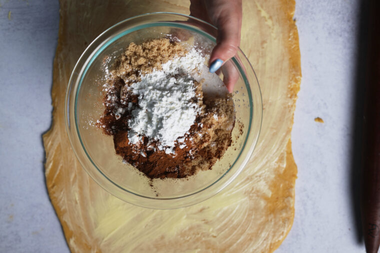 Someone holds a bowl of brown sugar, powdered sugar, and cinnamon over buttered dough, about to make pumpkin cinnamon rolls.